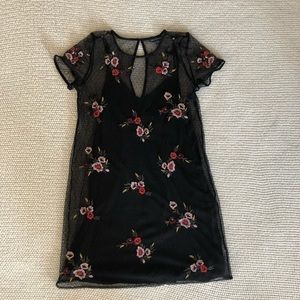 AEO Black Mesh Dress with Floral Embroidery